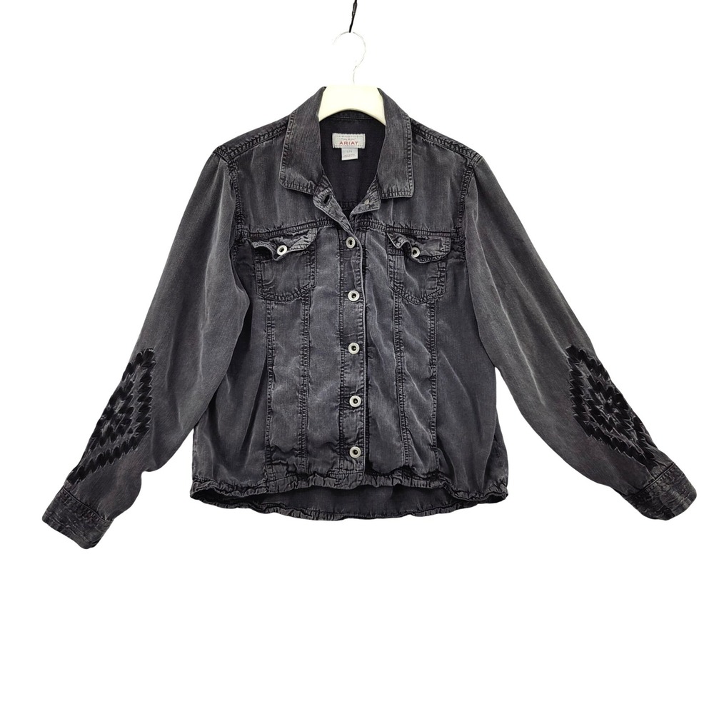 Ariat Womens Western Boho Saloon Trucker Soft Denim Jacket L Black Embroidered